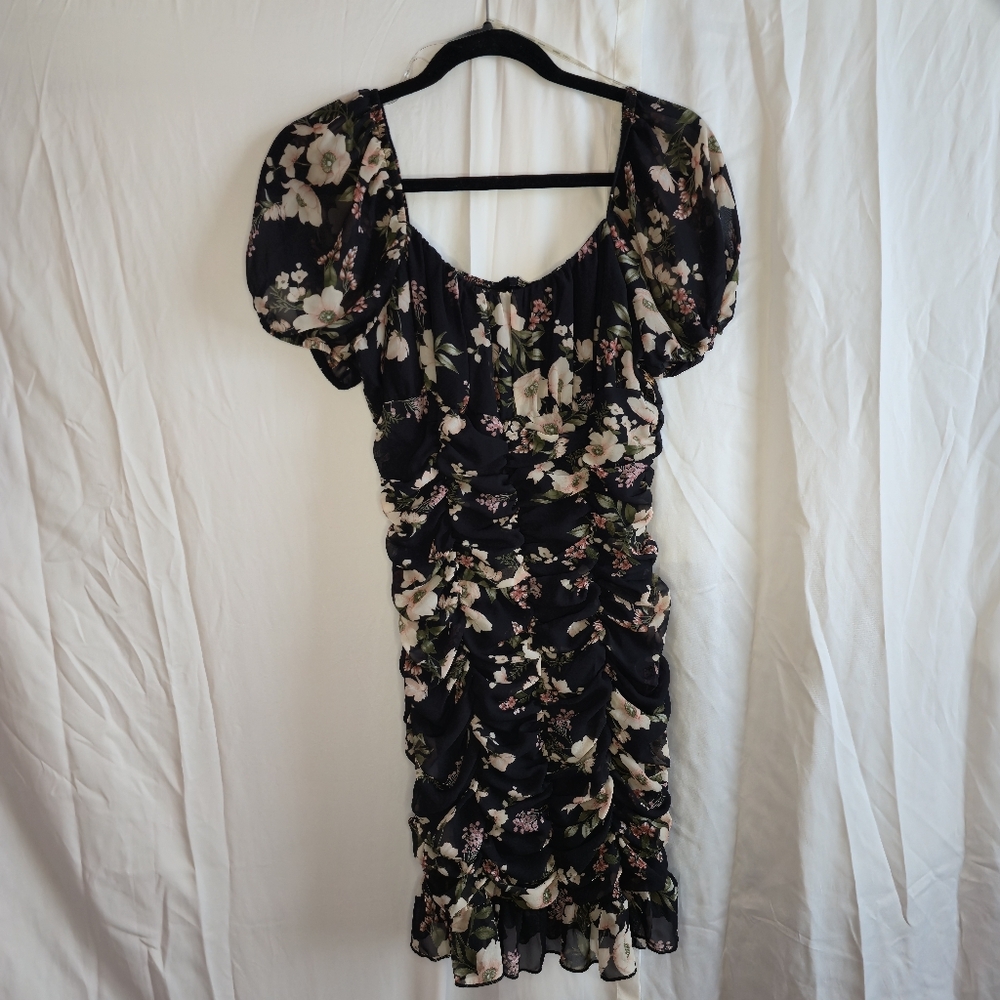 Elegant Black Floral Puff Sleeve Mini Dress